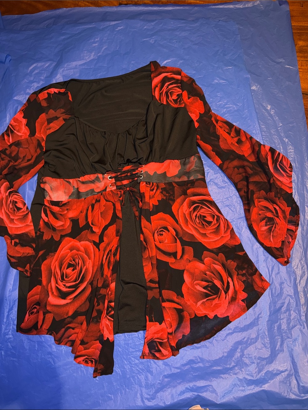 Women's Black Tunic with Red Rose Print and Tie Front